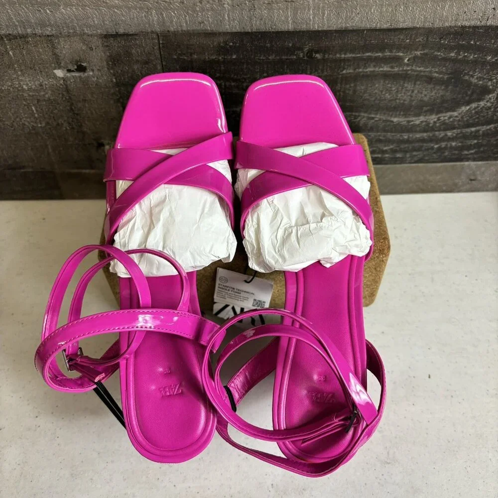 Zara Fuschia Pink Strappy Chunky Platform Heel Sandals